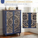 Grand buffet avec portes creuses en pin sculptées en 3D, finition or vieilli, étagères réglables, style bohème et ferme, bleu