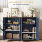 Grand buffet avec portes creuses en pin sculptées en 3D, finition or vieilli, étagères réglables, style bohème et ferme, bleu