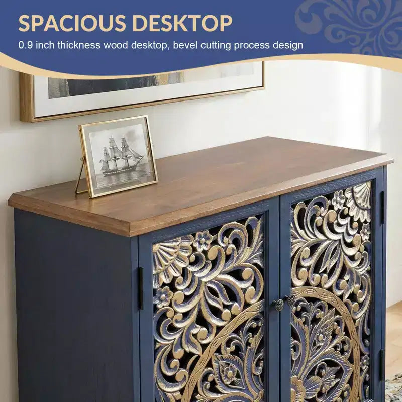 Bekrvio Tall Storage Cabinet with 3D Carved Hollow Pine Doors, Distressed Gold Finish, Adjustable Shelves, Boho Farmhouse Kitchen Buffet Cabinet, Blue