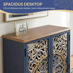 Grand buffet avec portes creuses en pin sculptées en 3D, finition or vieilli, étagères réglables, style bohème et ferme, bleu