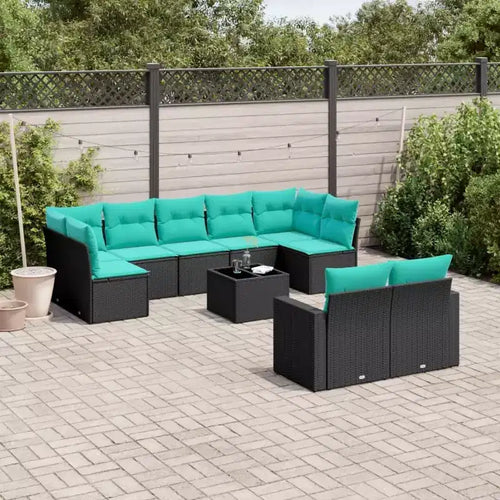 10 Piece Patio Sofa Set with Cushions Black Poly Rattan