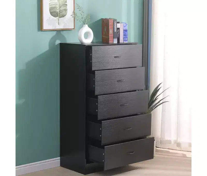 Tall 5 Drawer Dresser for Bedroom 49.4 Inch Chest of Drawers MDF Wood Black Finish