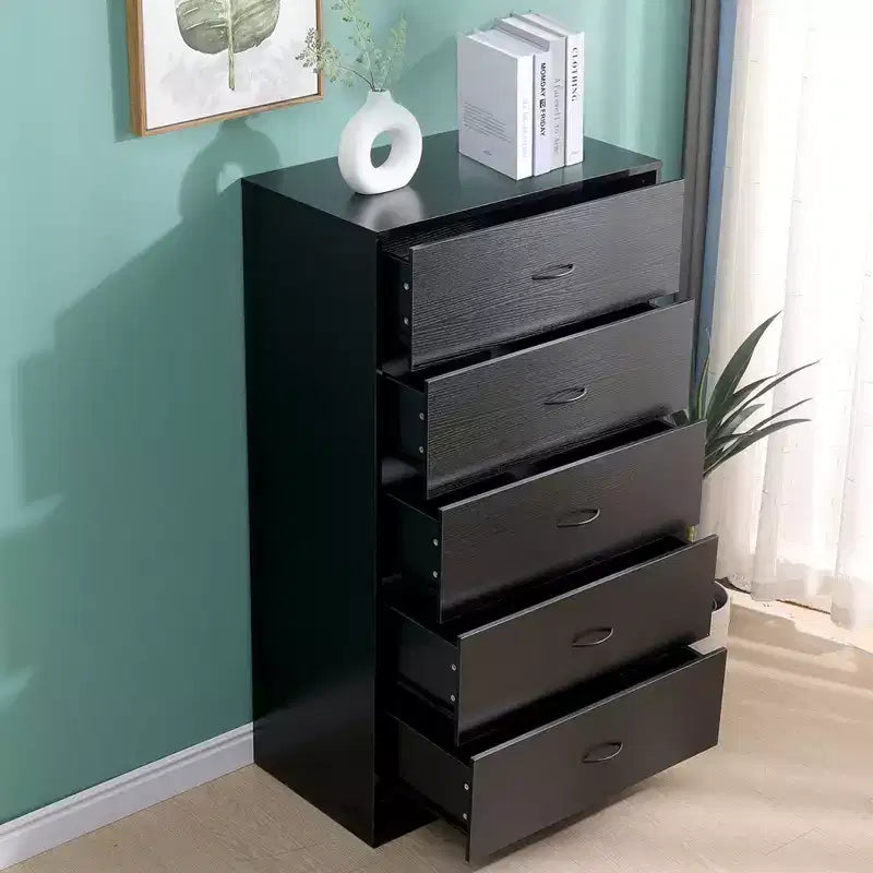 Tall 5 Drawer Dresser for Bedroom 49.4 Inch Chest of Drawers MDF Wood Black Finish