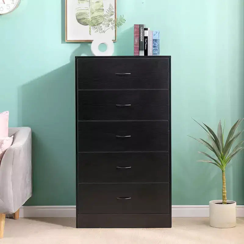 Tall 5 Drawer Dresser for Bedroom 49.4 Inch Chest of Drawers MDF Wood Black Finish