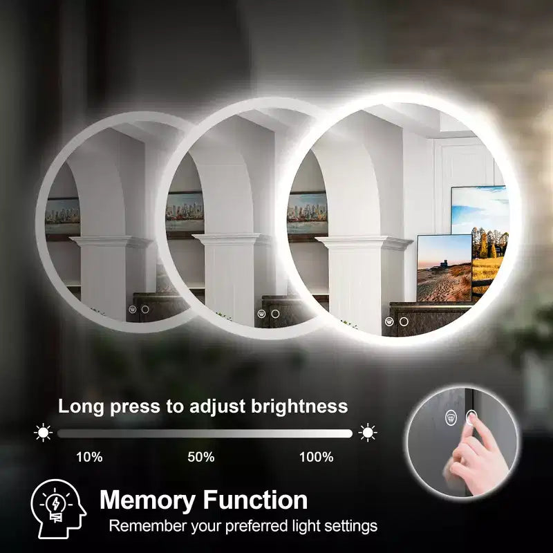 Keonjinn LED Round Front Light Bathroom Vanity Wall Mirror, 3 Color Temperatures Dimmable, Anti-Fog