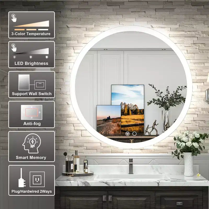 Keonjinn LED Round Front Light Bathroom Vanity Wall Mirror, 3 Color Temperatures Dimmable, Anti-Fog