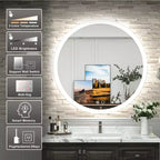 Miroir mural de salle de bain LED rond avec éclairage frontal, 3 températures de couleur réglables, anti-buée