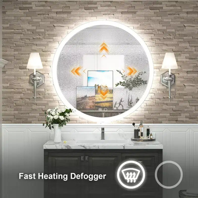 Keonjinn LED Round Front Light Bathroom Vanity Wall Mirror, 3 Color Temperatures Dimmable, Anti-Fog