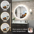 Miroir mural de salle de bain LED rond avec éclairage frontal, 3 températures de couleur réglables, anti-buée