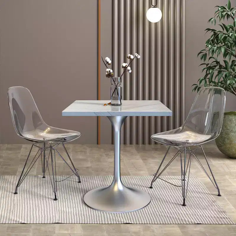 Verve 27 Square Dining Table - Modern Resin Top with Brushed Chrome Pedestal Base Accent Side Table for Contemporary Kitchen and Home