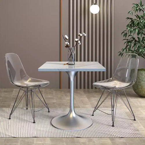 27 Square Dining Table - Modern Resin Top with Brushed Chrome Pedestal Base Accent Side Table for Contemporary Kitchen and Home