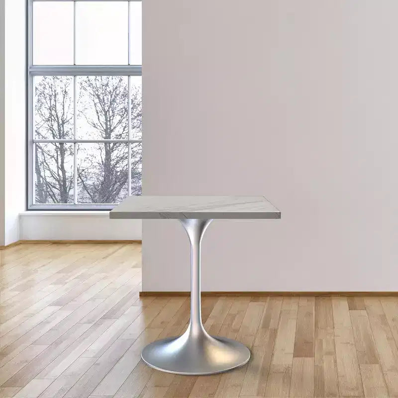Verve 27 Square Dining Table - Modern Resin Top with Brushed Chrome Pedestal Base Accent Side Table for Contemporary Kitchen and Home