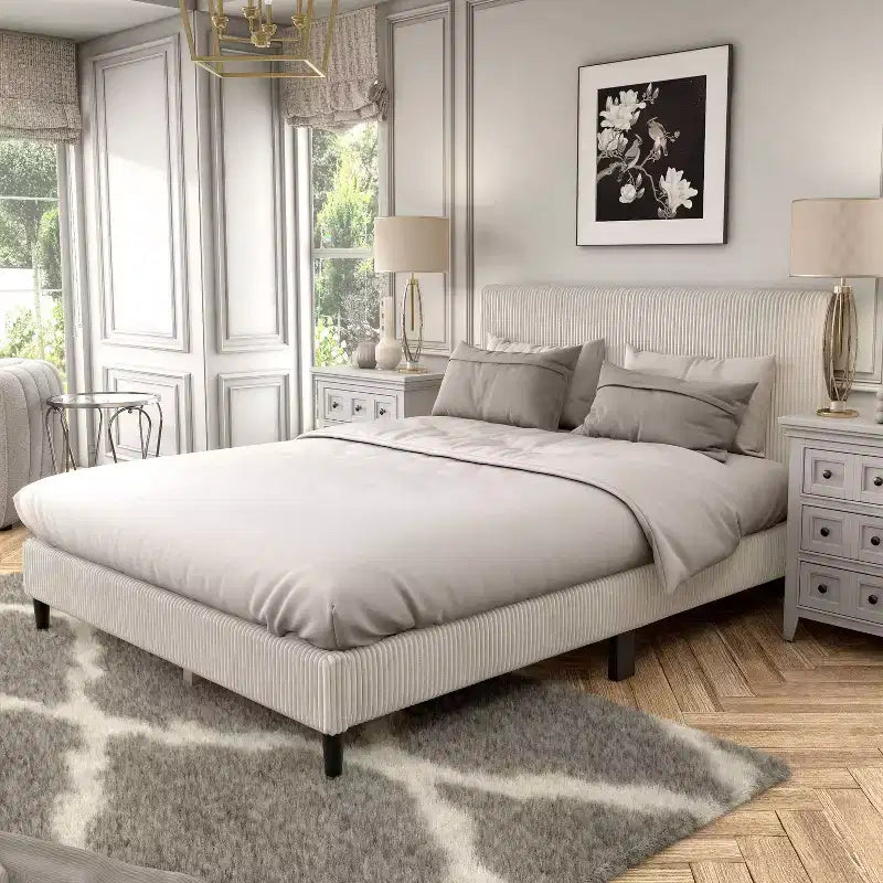 Beckman Queen Platform Bed Corduroy Upholstered with Removable Cover