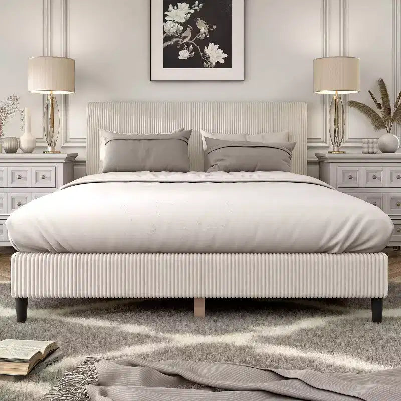 Beckman Queen Platform Bed Corduroy Upholstered with Removable Cover