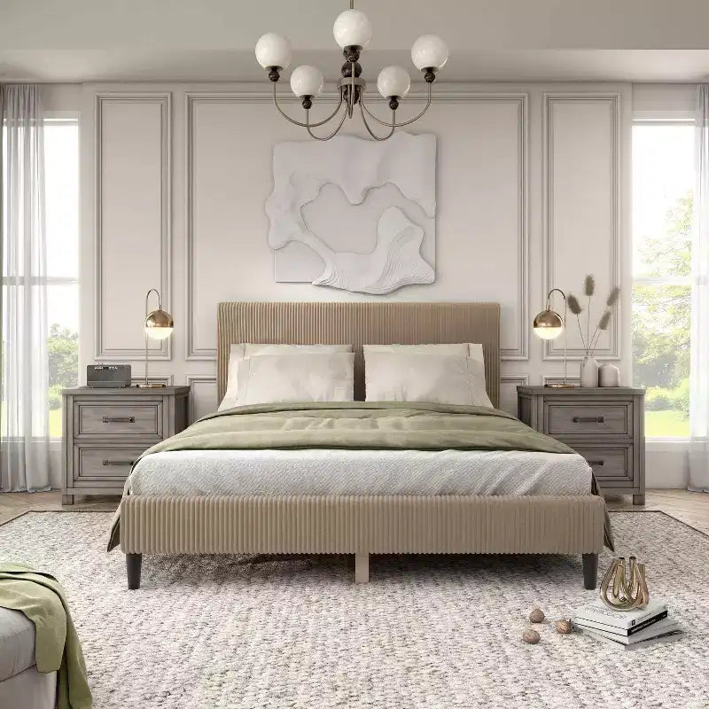 Beckman Queen Platform Bed Corduroy Upholstered with Removable Cover
