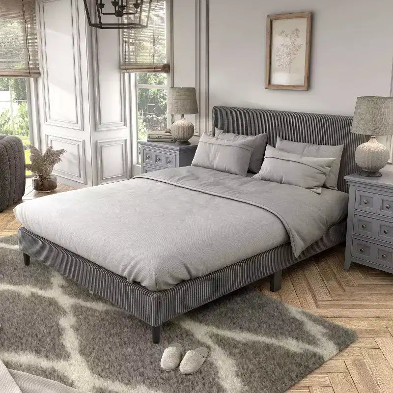 Beckman Queen Platform Bed Corduroy Upholstered with Removable Cover