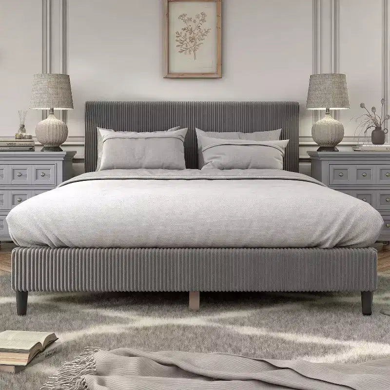 Beckman Queen Platform Bed Corduroy Upholstered with Removable Cover