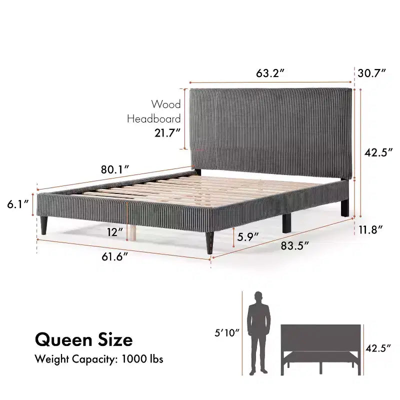 Beckman Queen Platform Bed Corduroy Upholstered with Removable Cover