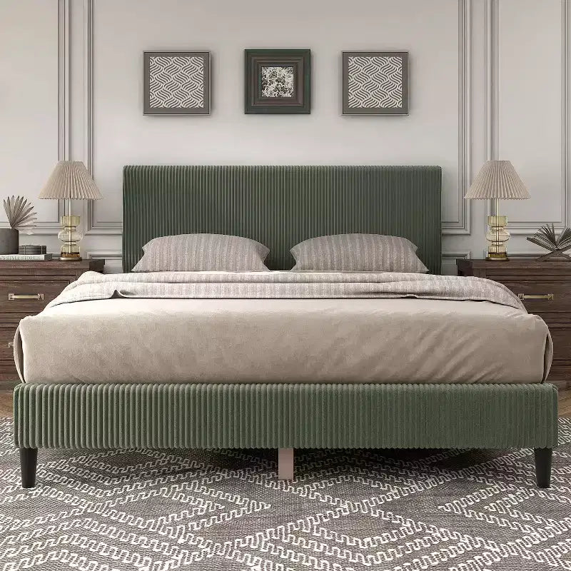 Beckman Queen Platform Bed Corduroy Upholstered with Removable Cover